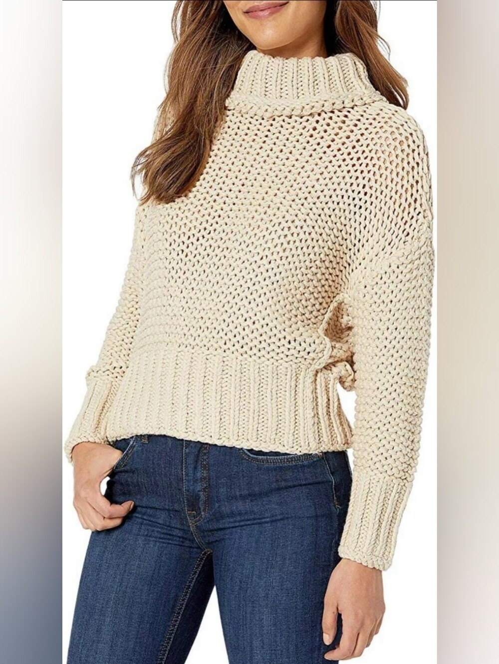 Free People My Only Sunshine Sweater S Cream Chunky Cotton Turtleneck Cozy Fall